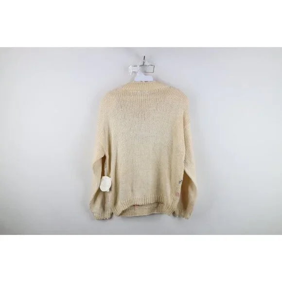 Deadstock Vintage 90s Streetwear Womens Medium Hand Knit Flower Floral Sweater - Picture 13 of 15